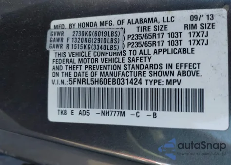2014 Honda Odyssey Ex-L z USA, uszkodzony, nr VIN 5FNRL5H60EB031424